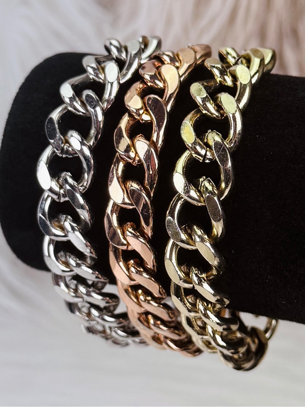Tri-Tone Triple Curb Chain Toggle Statement Bracelet Silver Rose Gold Tone